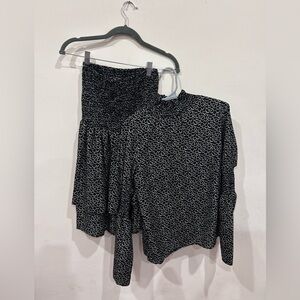 Black & Beige Scallop Co-Ord Set S Mini Skirt High Neck Top Boho Boutique